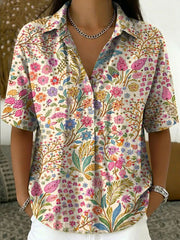 Women's Vintage Botanical Floral Casual Polo Collar Short-sleeved Linen And Cotton Shirt