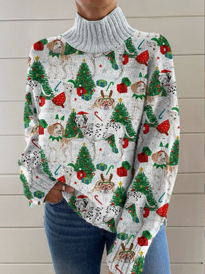 Christmas Puppy Art Print Knit Turtleneck Pullover Sweater