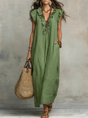 Ruffled Art Print Cotton-Linen Dress - Minimalist Sculptural Maxi