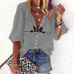 Dashingsoul Casual Black Cat Print Women's Casual 3/4 Sleeve Blouse