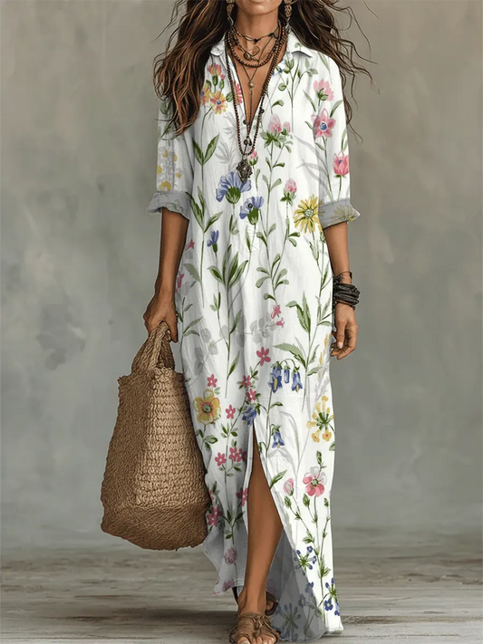 Women's Floral Art Print Casual Long Sleeve Cotton Dress