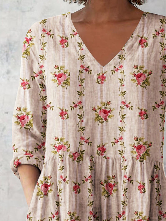 Women's Retro Floral Art Print Casual  V-neck Top
