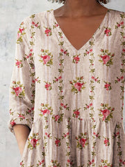 Women's Retro Floral Art Print Casual  V-neck Top