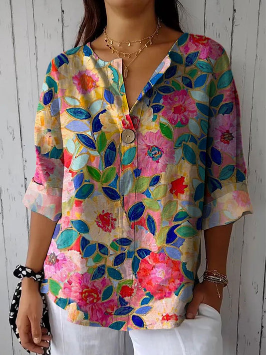 Women's Flower Print Casual Cotton Linen Shirt