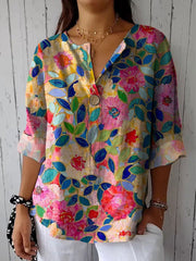 Women's Flower Print Casual Cotton Linen Shirt