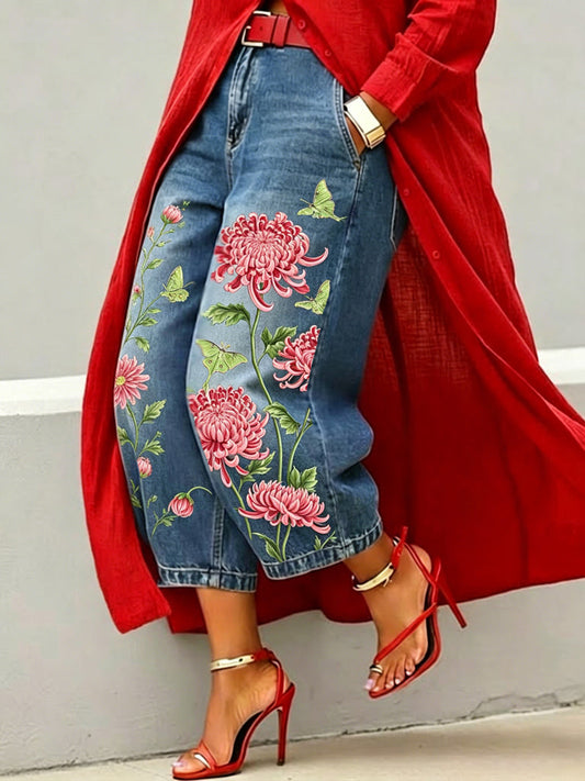 Retro Floral-print Loose Cropped Jeans