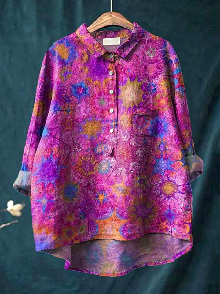 Oil Pastel Drawing Star Art Printed Women's Casual Cotton And Linen Shirt