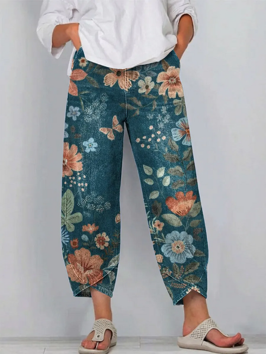 Women's Vintage Floral Pattern Art Print Casual  Denim Pants