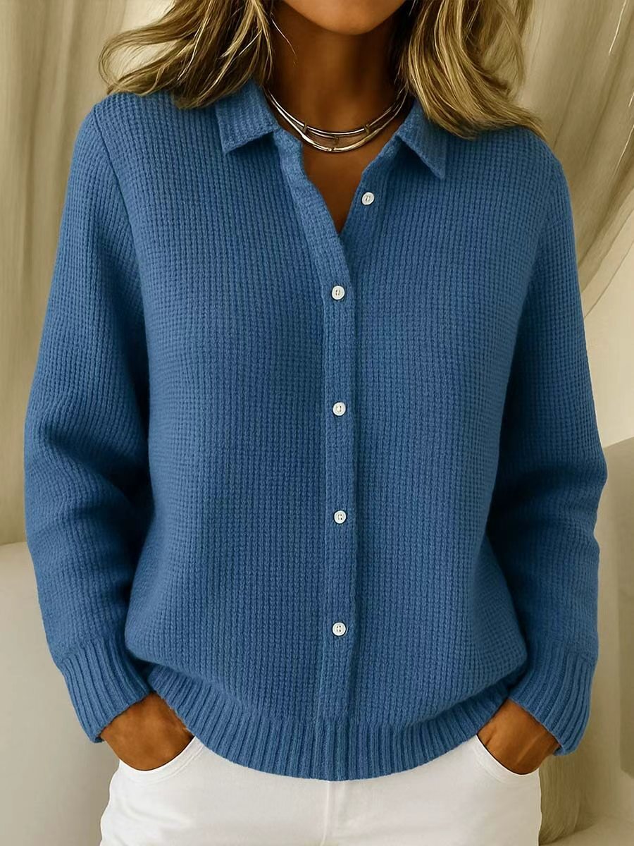 Women's Solid Color Shirt Collar Long Sleeve Waffle Knit Cardigan 1404
