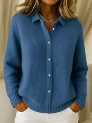 Women's Solid Color Shirt Collar Long Sleeve Waffle Knit Cardigan 1404