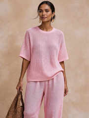 Womens Breathable Waffle Texture Short Sleeve Top And Wide Leg Pants Two Piece Set