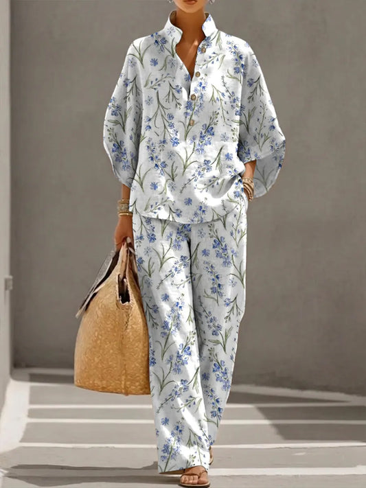 Women's Retro Floral Art Print Casual 3/4 Sleeve Top And Pants Cotton Linen Suits