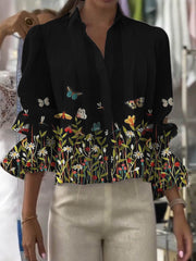 Women's Lapel Long Sleeve Positioning Printed Casual Cotton and Linen Shirt