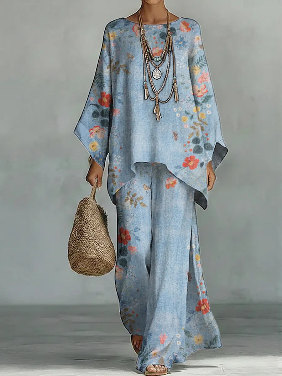 Women's Vintage Floral Art Comfortable Loose Cotton Linen Wide-leg Pants Two-piece Set