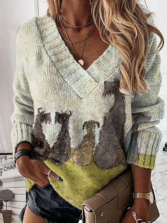 Cute Dog Famliy Dog Lover Art Print Knit V-neck Pullover Sweater