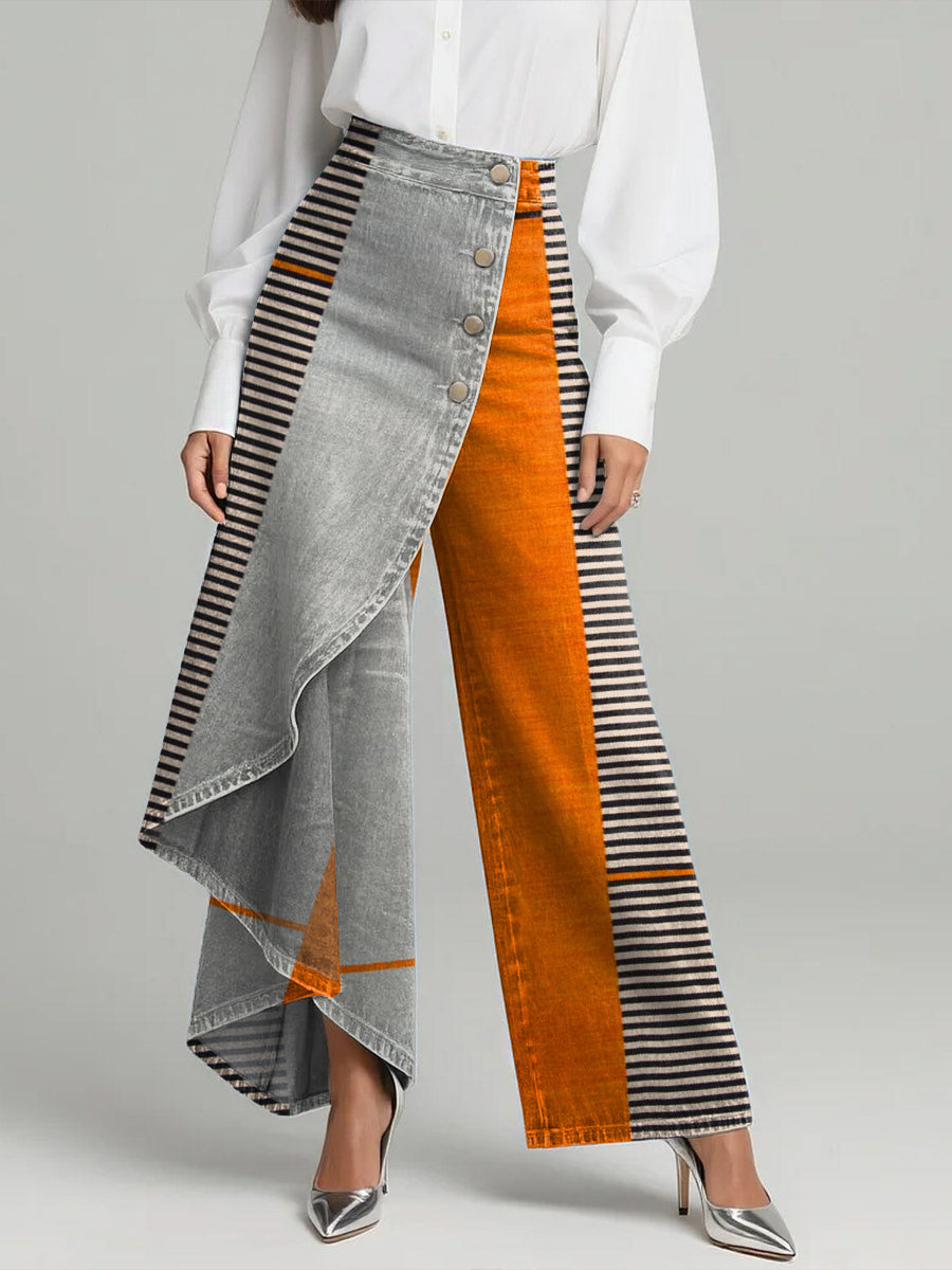 Women's Vintage Geometry Print High-waisted Relaxed Fit Wide-leg Jeans With A Stylish Design.