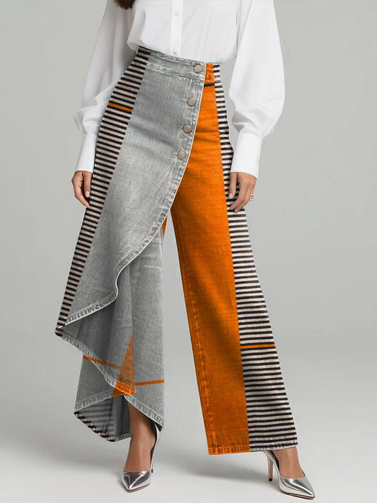 Women's Vintage Geometry Print High-waisted Relaxed Fit Wide-leg Jeans With A Stylish Design.