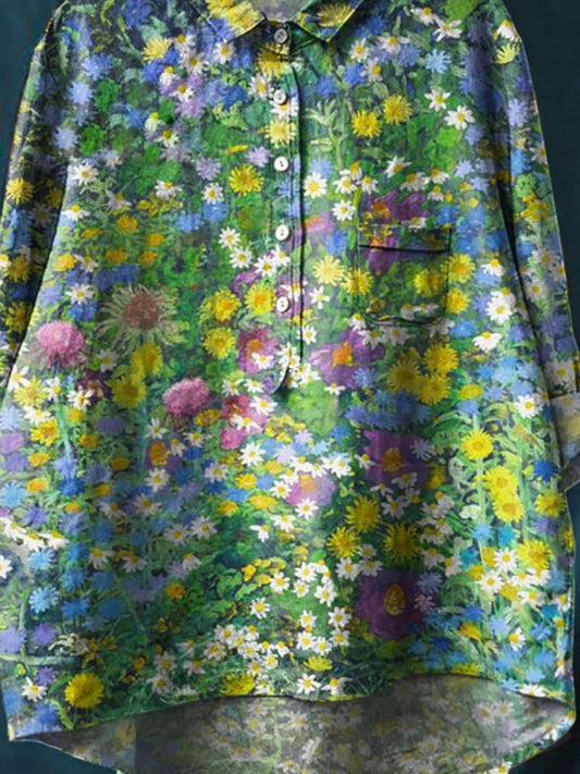 Women's Vintage Floral Art Print Casual Cotton And Linen Shirt