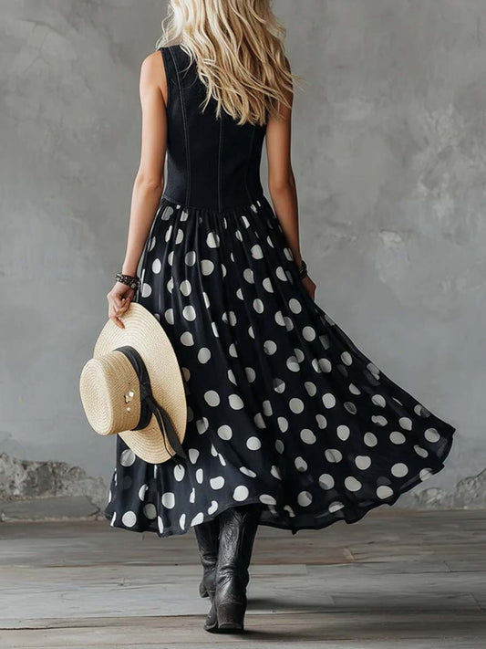 Women's V-neck Sleeveless Casual Loose Denim Patchwork Polka Dot Dress
