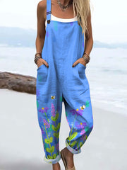 Women's Vintage Abstract Bee Floral Art Print Casual Cotton Wide Leg Jumpsuit