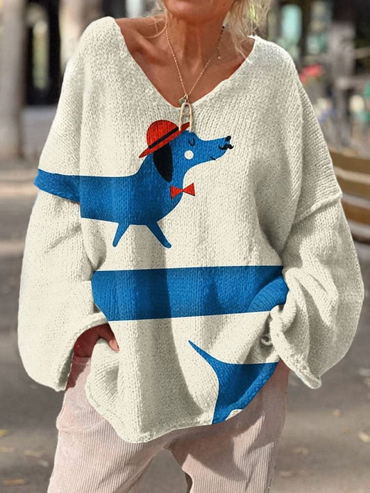 Women's Dog Art Print  Casual Pullover Sweater