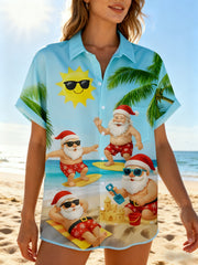 Women's Moisture-wicking  Santa Beach Chest Pocket Hawaiian Shirt