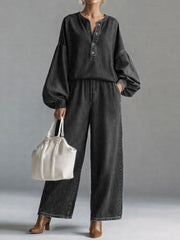 Women's V-neck Long-sleeved Casual Loose Denim Top And High-waisted Loose Wide-leg Denim Pants Set.