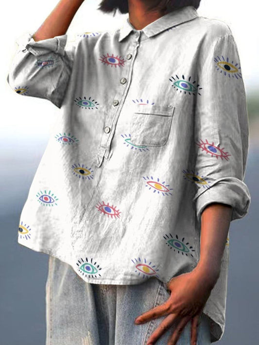 Colorful Simple Spiritual Eyes Decorative Pattern Casual Cotton And Linen Shirt