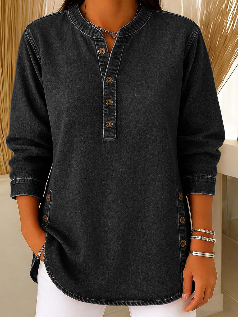 Women's V-neck Long-sleeved Casual Button-up Loose Denim Top