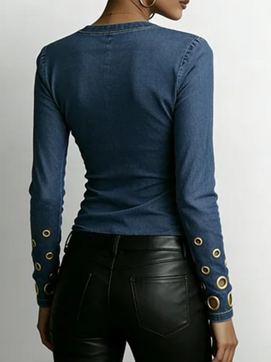 Women's Denim-look V-neck Long-sleeved Casual Loose-fitting Top