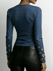 Women's Denim-look V-neck Long-sleeved Casual Loose-fitting Top