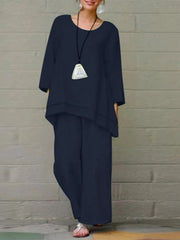 Women'S Solid Color Cotton And Linen Two-Piece Set