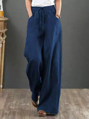 Women Solid Color Elastic Waist Pockets Casual Linen Wide Leg Pants