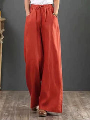 Women Solid Color Elastic Waist Pockets Casual Linen Wide Leg Pants