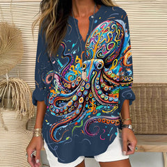 Vintage Rainbow Octopus Art Print V Neck Long Sleeve Blouse