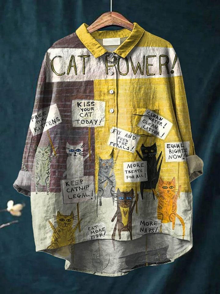 Vintage Funny Cats Art Print Casual Cotton And Linen Shirt