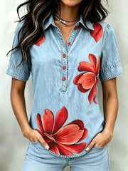 Retro Red Floral Print Denim Collared Shirt
