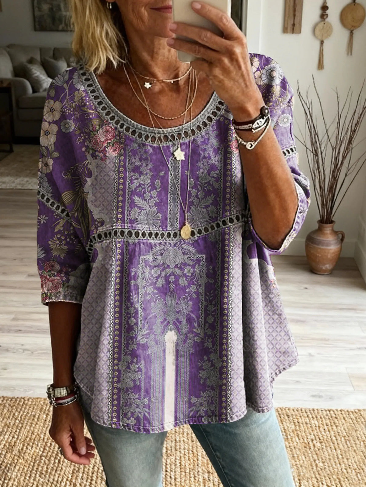 Women's Floral Pattern Art Print Casual Round Neck Lace-up Top