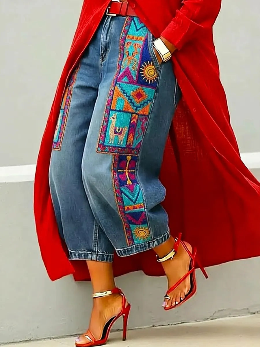 Women's Retro Ethnic Pattern Art Print Casual Jeans