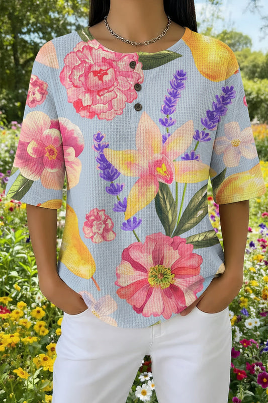 Womens Artistic Mixed Floral Print Casual Waffle Cotton Shirt