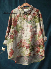 Women's Vintage Floral Art Print Casual Cotton And Linen Shirt