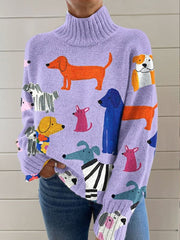 Dog Art Print Knit Turtleneck Pullover Sweater