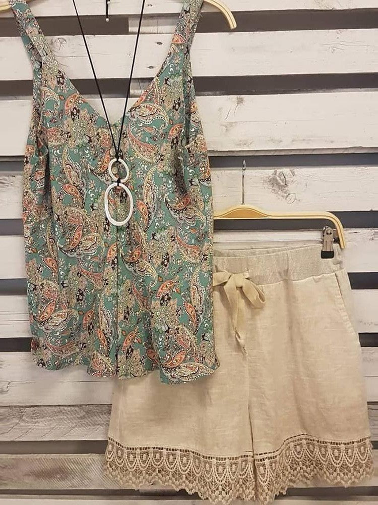 Floral Print V-neck Sleeveless Two Piece Suit
