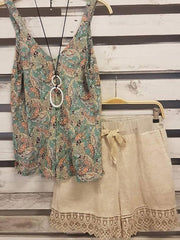 Floral Print V-neck Sleeveless Two Piece Suit