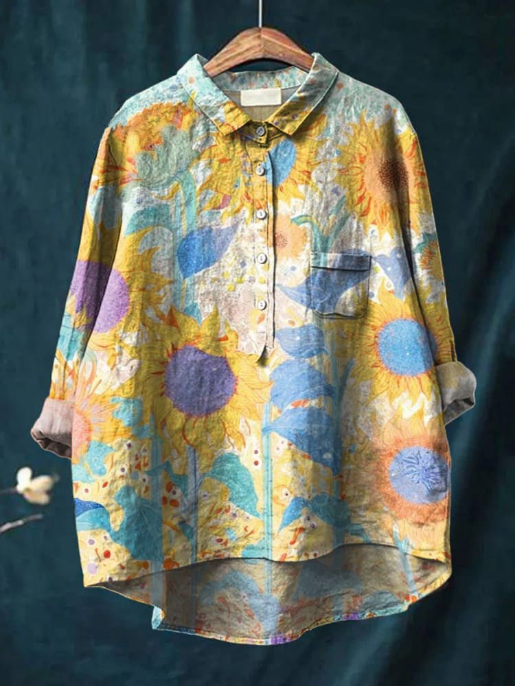 Women's Oil Painting Sunflower Pattern Print Casual Cotton And Linen Shirt