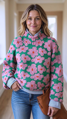 Women's Lovely Floral Art Print Knit Turtleneck Pullover Sweater