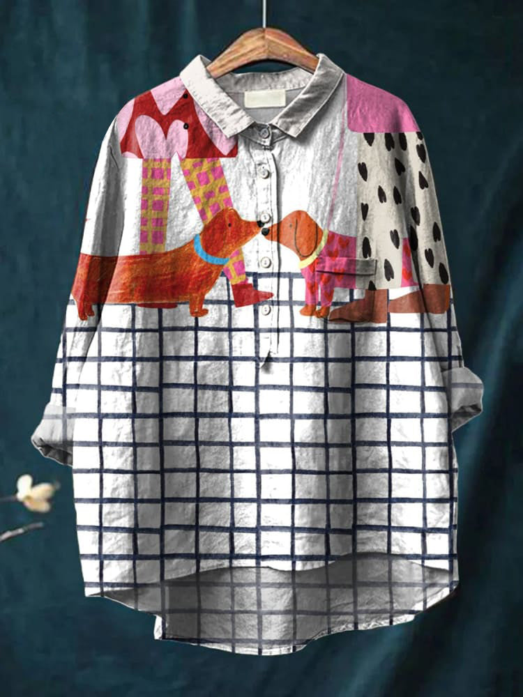 Women's Walk Your Dog Print Casual Cotton And Linen Shirt