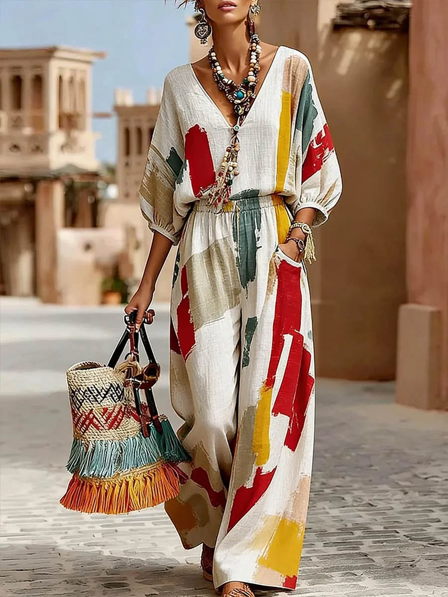 Women's Cotton-linen Two-piece Set: Abstract Geometric Print V-neck 3/4-sleeve Loose-fit Top & High-waisted Wide-leg Pants