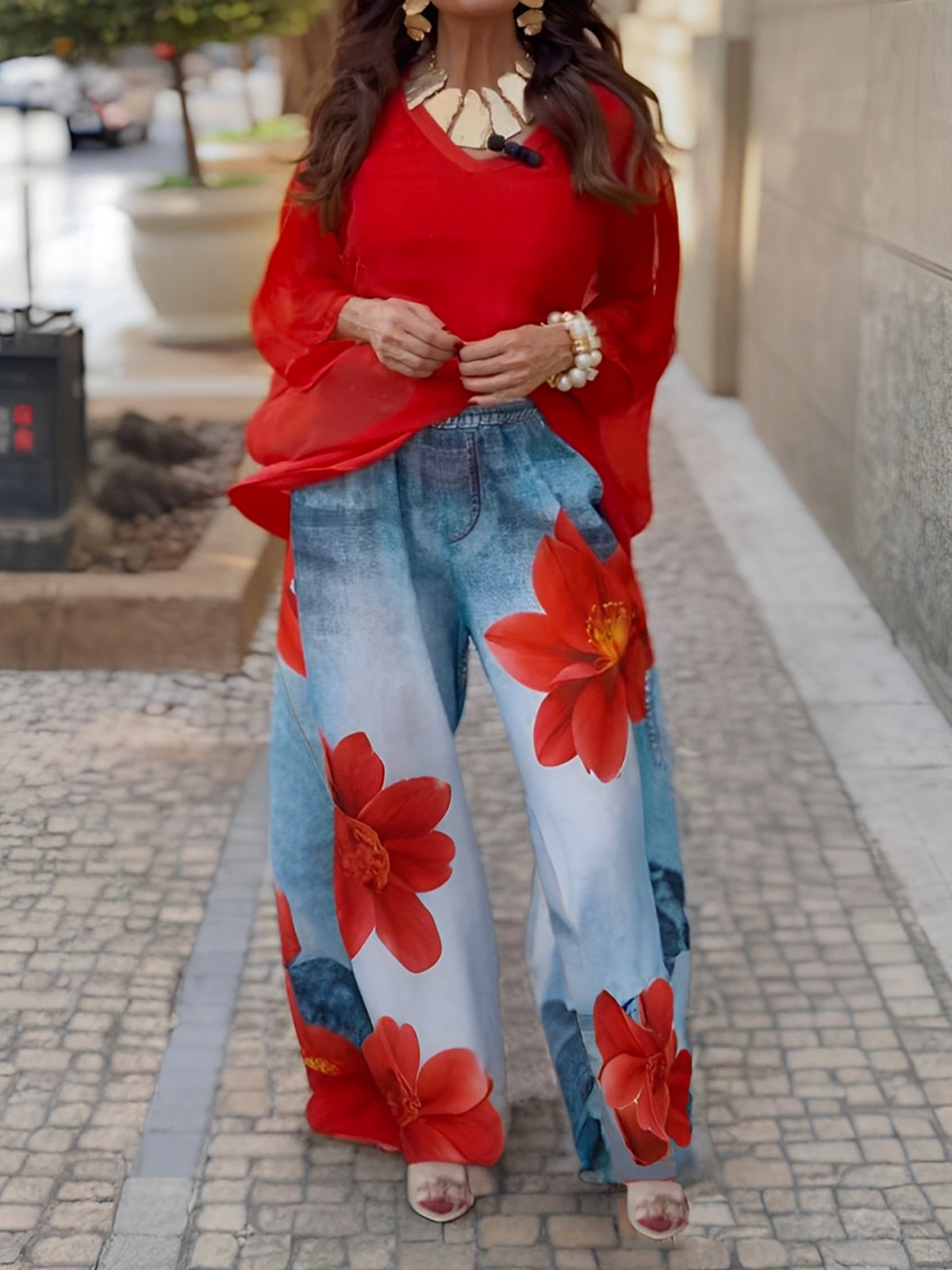 Stylish Casual Two-piece Set: Chiffon Top And Floral Denim-print Pants