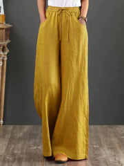 Women Solid Color Elastic Waist Pockets Casual Linen Wide Leg Pants